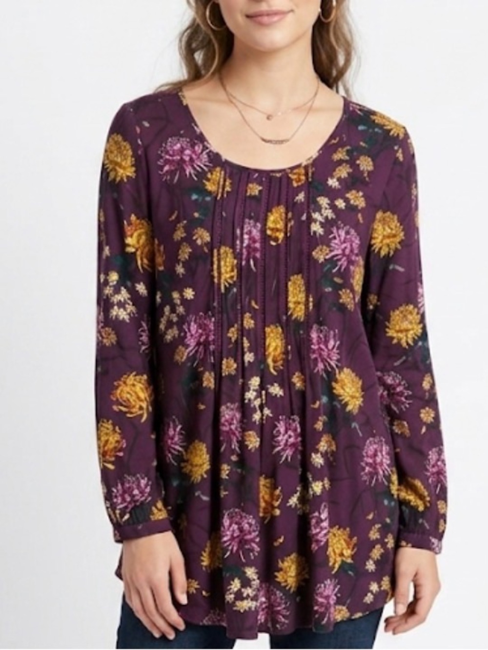 Daniel Rainn Purple Floral Pintuck Ladder Lace Pullover Tunic Top M